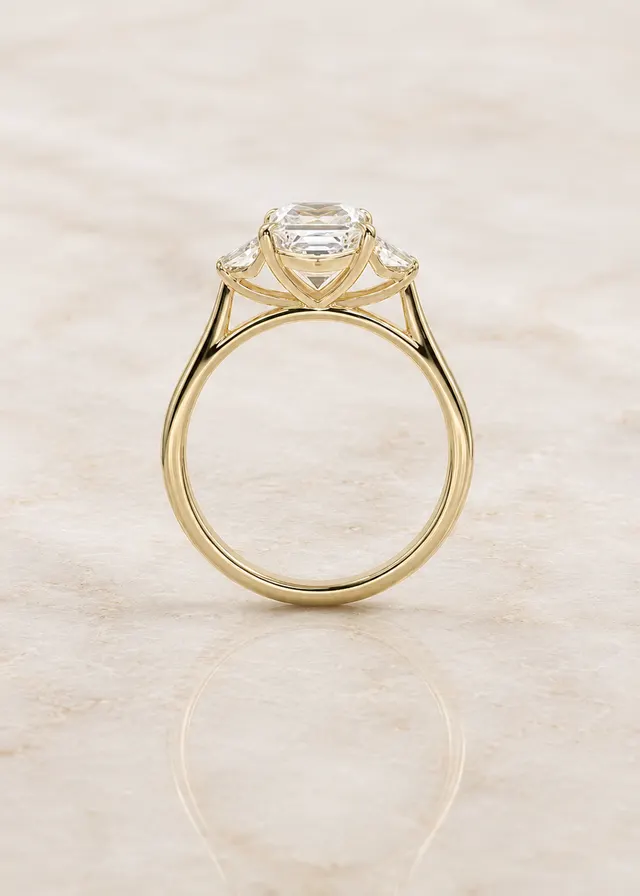Asscher Cut Lab Grown Diamond Engagement Ring Three Stone 14K Yellow Gold Trapezoid Side Stones - alternate view