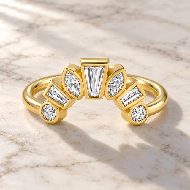 Bezel Set Diamond Ballerina Band Marquise Baguette Crown Ring 14K Yellow Gold Stacking Band