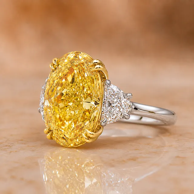 Fancy Intense Yellow Oval Lab Grown Diamond Engagement Ring Three Stone Platinum 18K Gold IGI Certified - alternate view