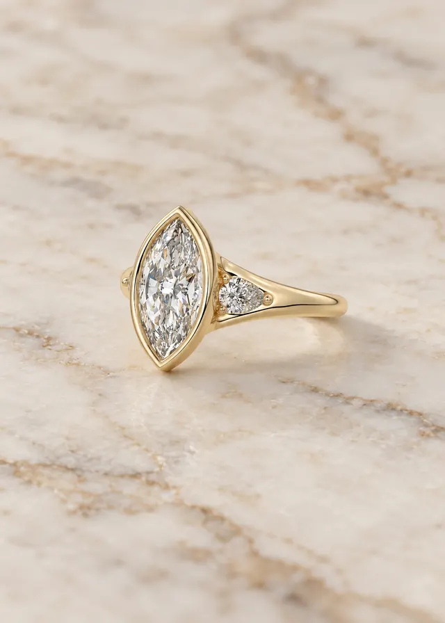 Marquise Lab-Grown Diamond Bezel Engagement Ring, Pear Side Stones, 14K Rose Gold (IGI Certified) - alternate view