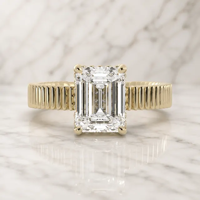 Emerald Cut Lab Grown Diamond Engagement Ring Grooved Solitaire 14K Yellow Gold 2mm Vertical Shank