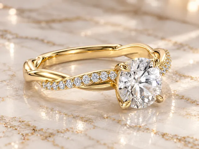 Round Lab Grown Diamond Engagement Ring Twisted Vine Band 14K Yellow IGI Certified - alternate view