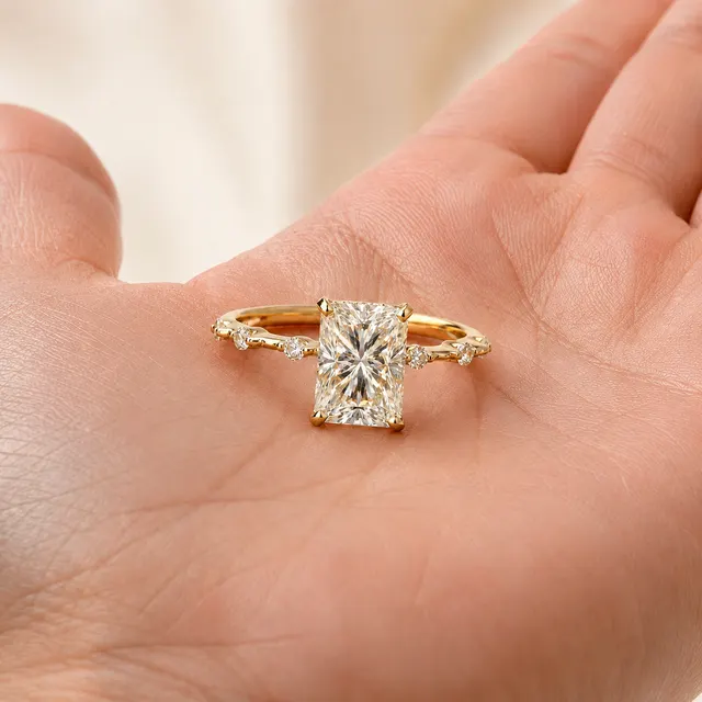 Radiant Cut Lab Grown Diamond Engagement Ring Four Prong 14K Yellow Gold Diamond Accent Band - alternate view
