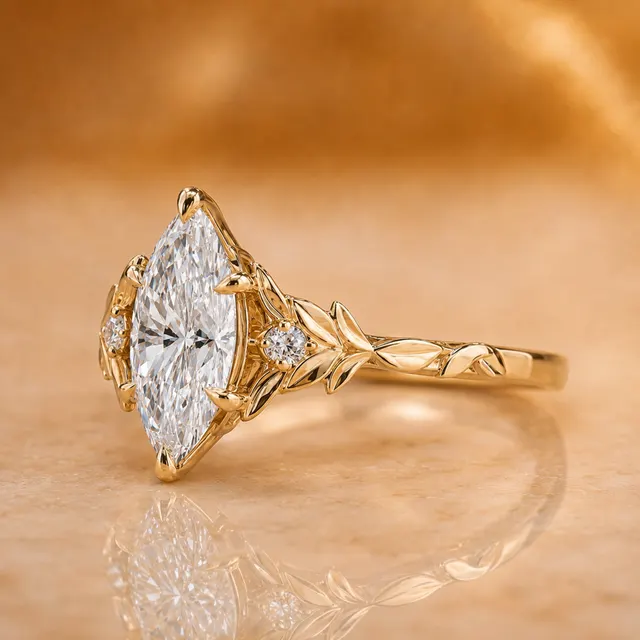 Marquise Lab Grown Diamond Engagement Ring – Floral Leaf Shank 14K Yellow Gold – IGI Certified 3.02 Carat E VVS2 - alternate view