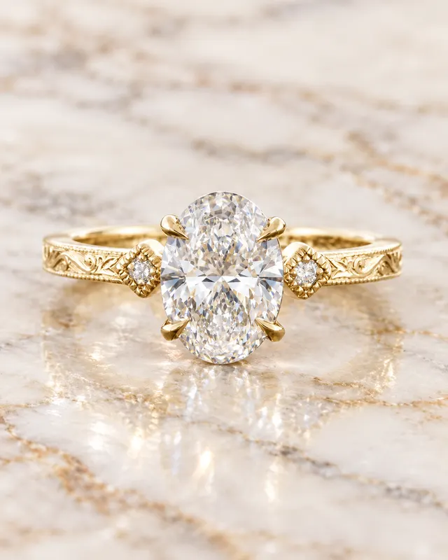 Oval Lab Grown Diamond Engagement Ring Three Stone 14K Yellow Gold Hand-Engraved Vintage Setting
