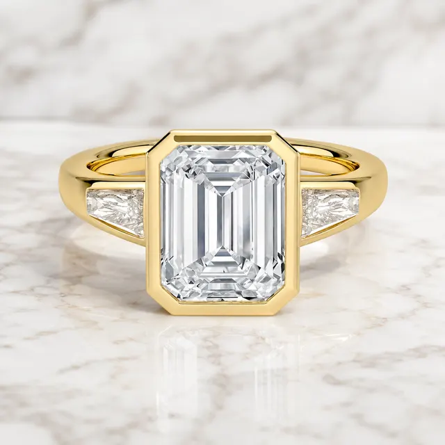 Emerald Cut Lab Grown Diamond Engagement Ring Three Stone Bezel 14K Yellow Gold Tapered Baguette Setting