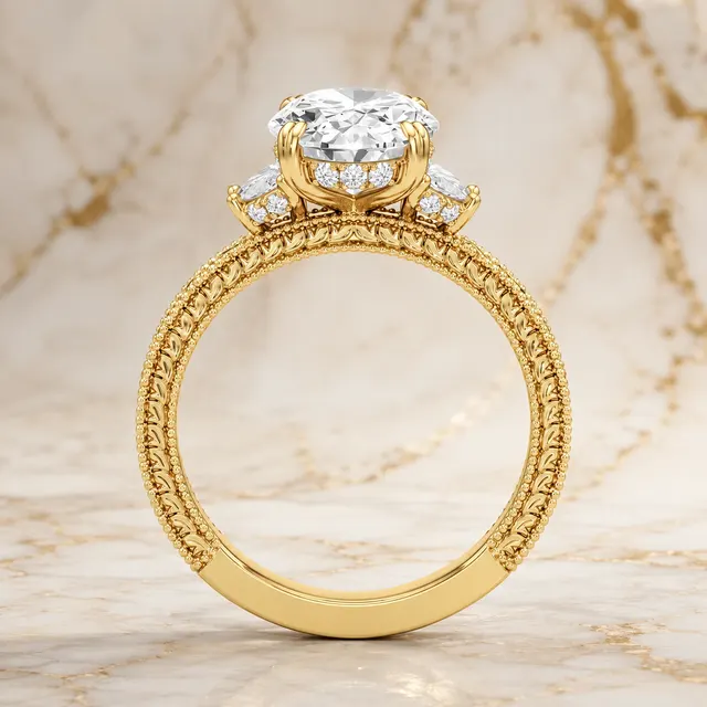 Oval Lab Grown Diamond Three Stone Ring Vintage 14K White Gold Half-Moon Side Stones, E VVS2 - alternate view