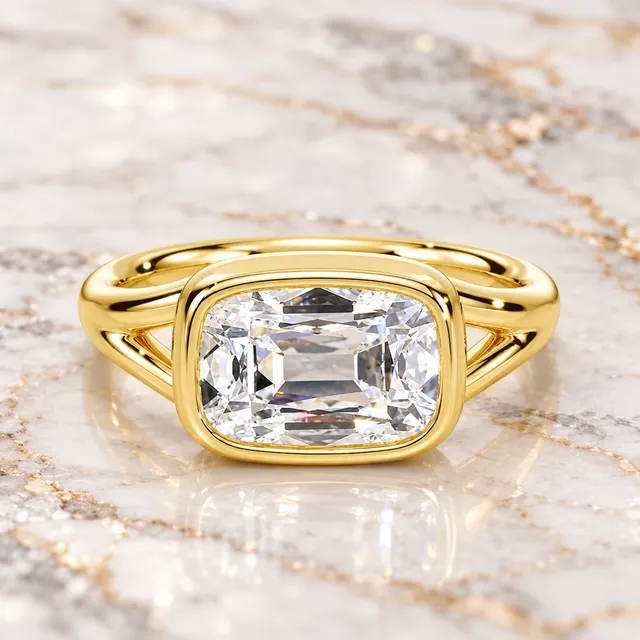 Old Mine Cut Lab Grown Diamond Ring, East-West Bezel, 14K Yellow Gold Split Shank