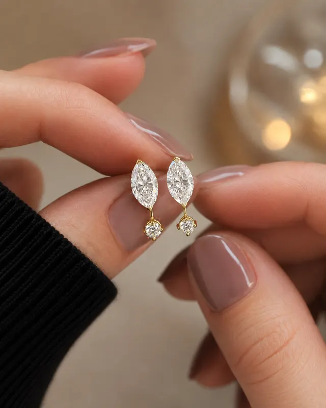 Marquise Lab Grown Diamond Earrings Round Accent Jacket 14K Yellow Gold Studs for Her - alternate view
