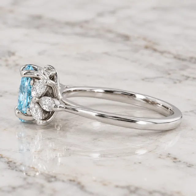Blue Oval Lab Grown Diamond Floral Ring Four-Prong Petal Halo Platinum 950 VVS2 - alternate view