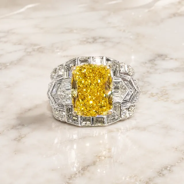 Fancy Yellow Cushion Lab Grown Diamond Engagement Ring Art Deco Halo 14K White Gold Baguette Accents