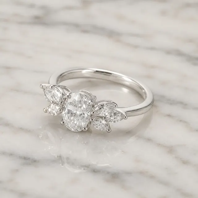 Oval Lab Grown Diamond Engagement Ring Marquise Petal Accent 14K White Gold E VVS2 - alternate view
