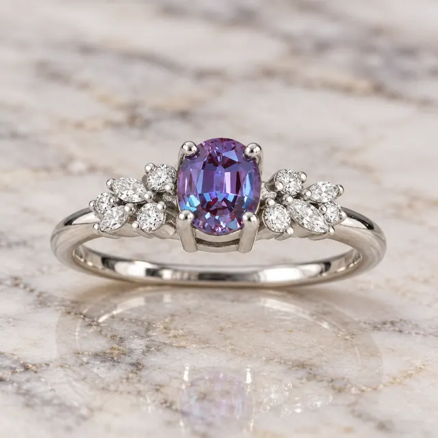 Oval Lab Grown Alexandrite Engagement Ring Floral Diamond Halo Platinum Color Change Gemstone Ring - alternate view