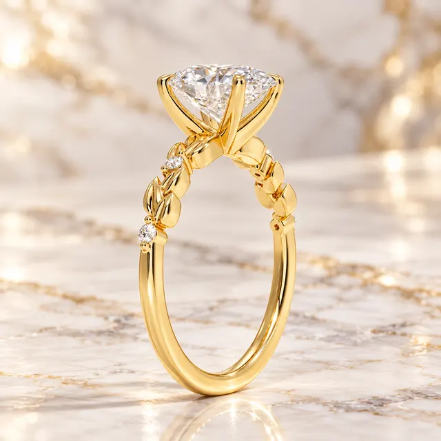 Oval Lab Grown Diamond Engagement Ring Nature Inspired 14K Yellow Gold Four Prong Accented Band - alternate view