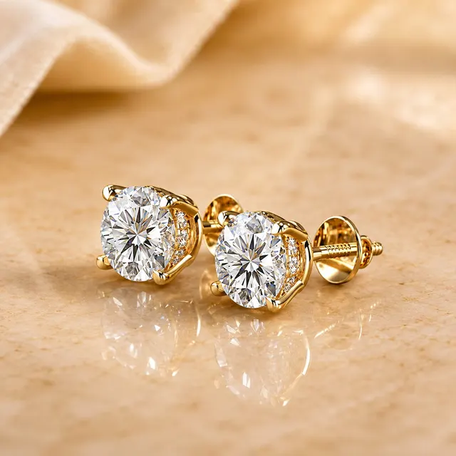 Round Lab Grown Diamond Stud Earrings – Hidden Halo 14K Yellow Gold – IGI Certified 2ct, Screw-Back - alternate view