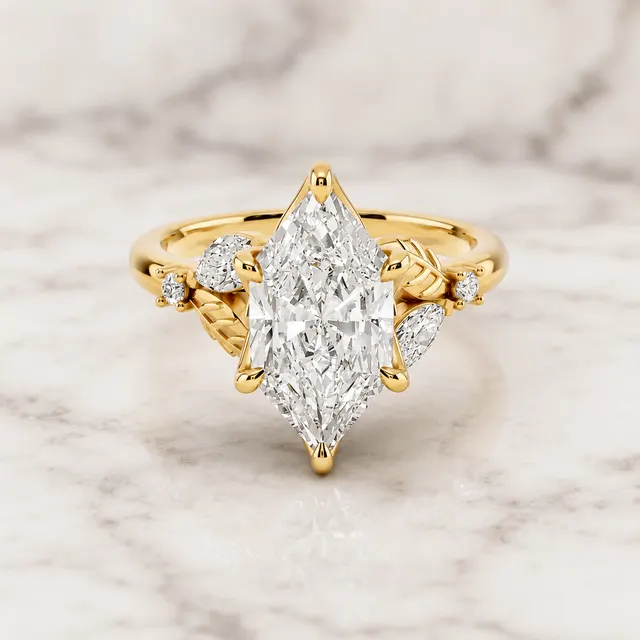 Marquise Lab Grown Diamond Engagement Ring Floral Side Stone 14K Yellow Gold Marquise Accents E Color