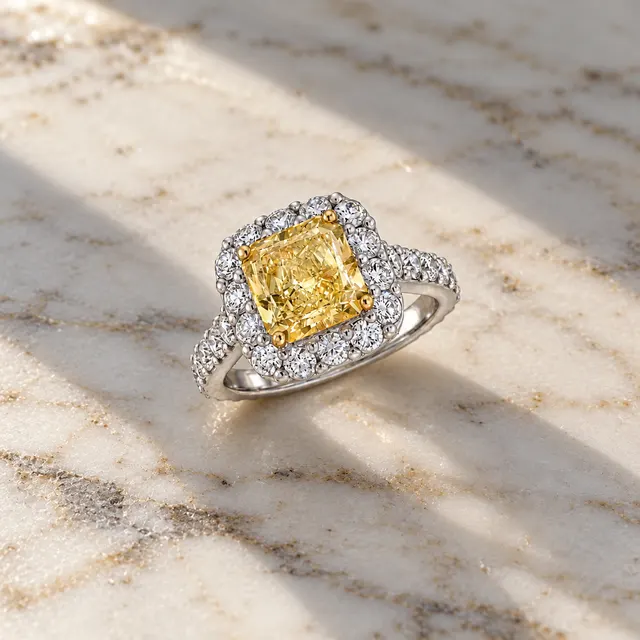 Yellow Radiant Lab Grown Diamond Engagement Ring Pavé Halo 14K White Gold IGI Certified