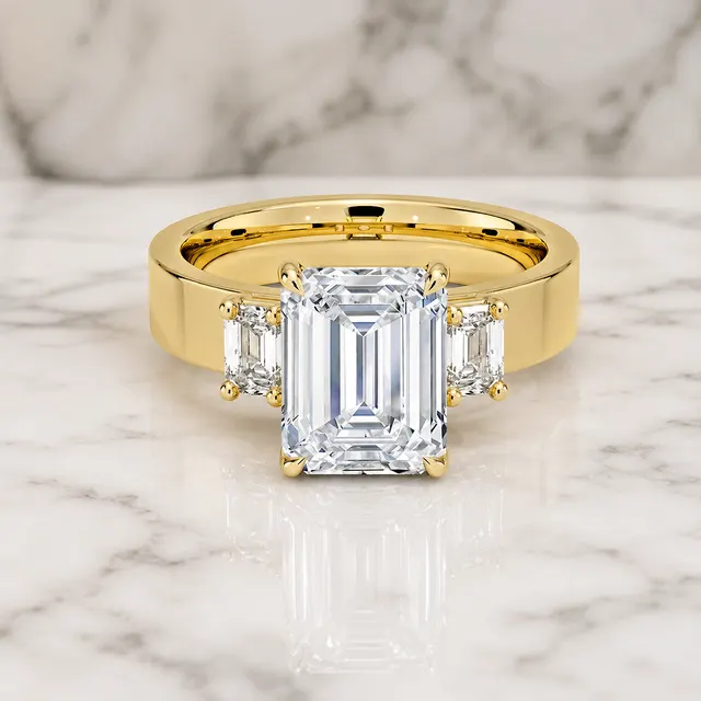 Emerald Cut Lab Grown Diamond Engagement Ring Three Stone 14K Yellow Gold 