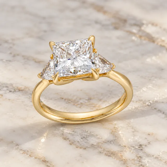 Princess Cut Lab Grown Diamond Engagement Ring Three Stone Trillion 14K Gold IGI Certified E VVS2 - alternate view