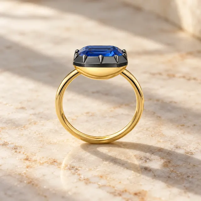 Blue Emerald Cut Sapphire East-West Ring Button Back 18K Yellow Gold Solitaire - alternate view