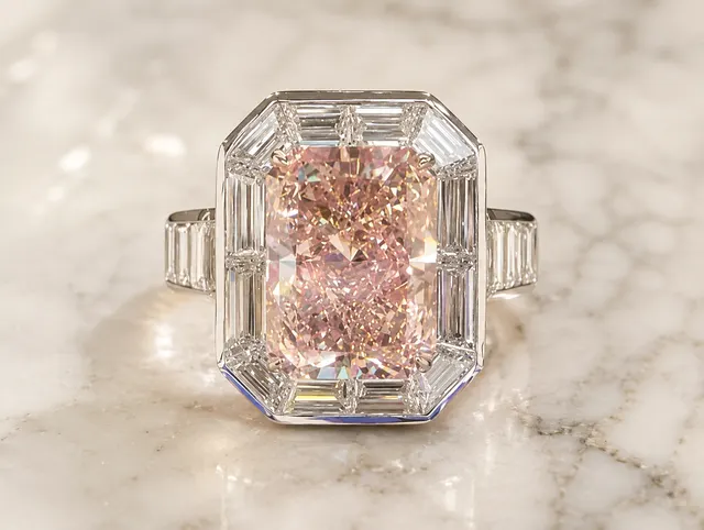 Pink Radiant Lab Grown Diamond Engagement Ring – Baguette Halo 14K White Gold – Channel-Set Shoulders