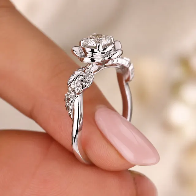 Round Lab Grown Diamond Engagement Ring Nature Leaf Rose 14K White Gold IGI Certified  - alternate view