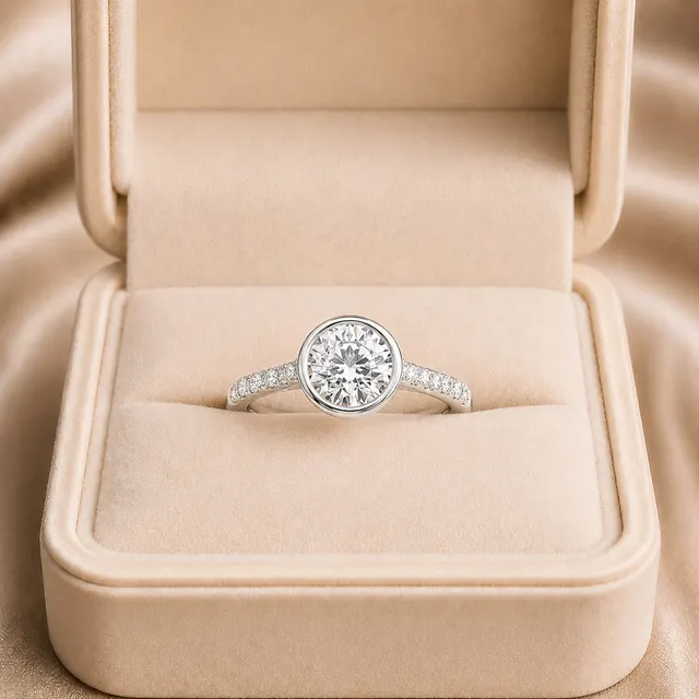Round Lab Grown Diamond Engagement Ring Bezel Set 14K White Gold Side Stone E-VVS2