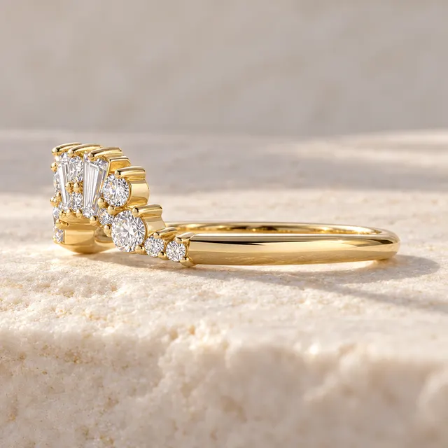 Art Deco Diamond Wedding Band Baguette & Round Cluster 14K Yellow Gold Lab Grown Diamonds - alternate view