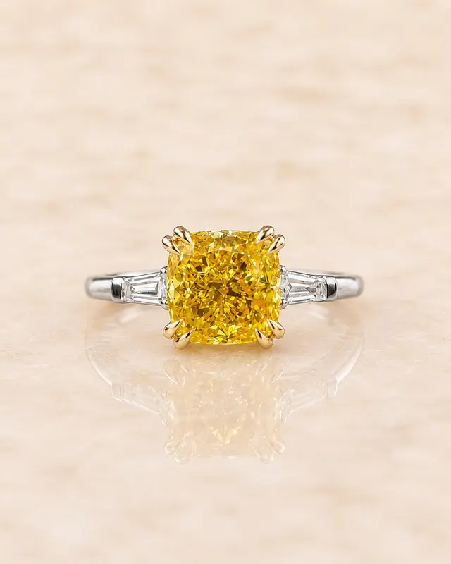 Yellow Cushion Lab Grown Diamond Engagement Ring Three Stone 14K White Gold Tapered Baguette, IGI Certified