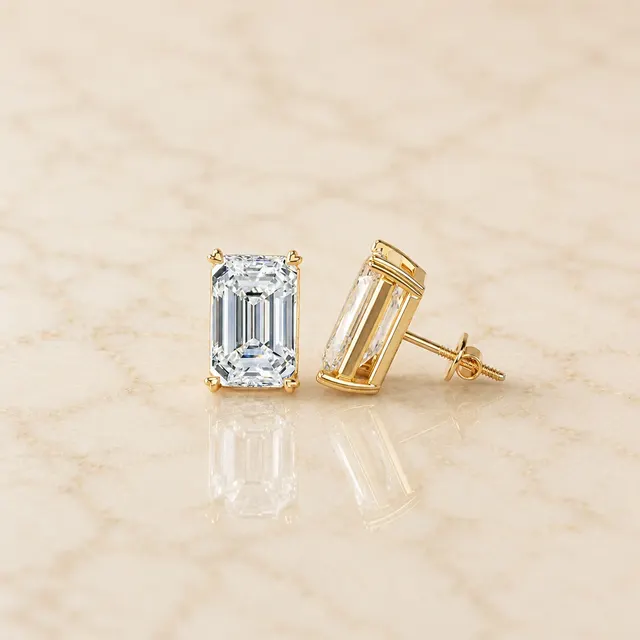 Emerald Cut Lab Grown Diamond Stud Earrings Four-Prong Solitaire 14K Yellow Gold  IGI Certified 10ct - alternate view