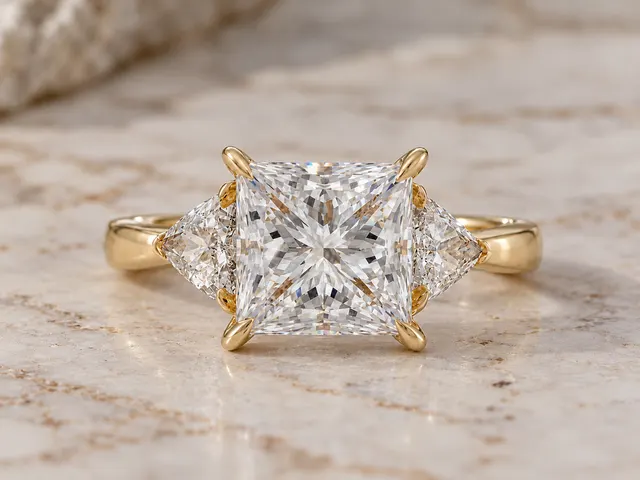 Princess Cut Lab Grown Diamond Engagement Ring Three Stone Trillion 14K Gold IGI Certified E VVS2