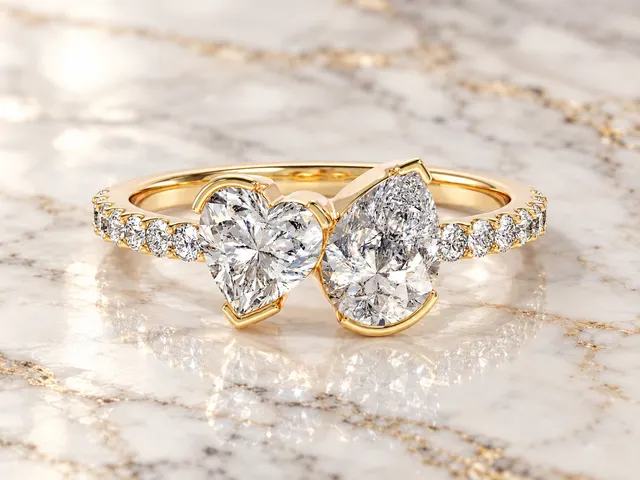 Toi et Moi Lab Diamond Engagement Ring: Heart & Pear Cut, 14K Gold Pave Band