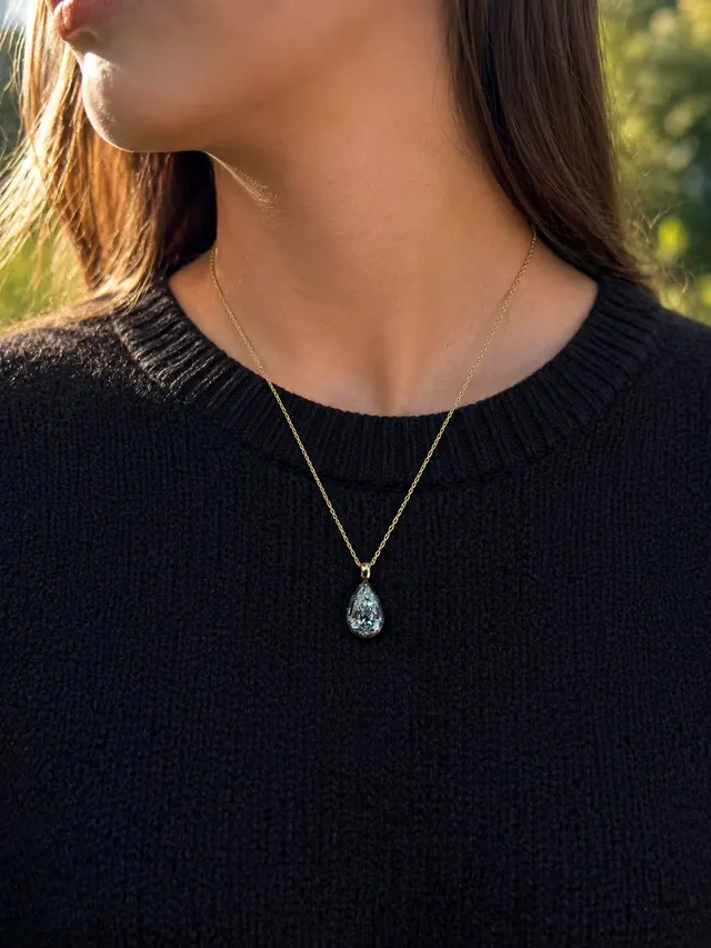 Pear Lab Grown Diamond Pendant Necklace Black Rhodium Bezel 14K Yellow Gold 4 Carat Charm - alternate view