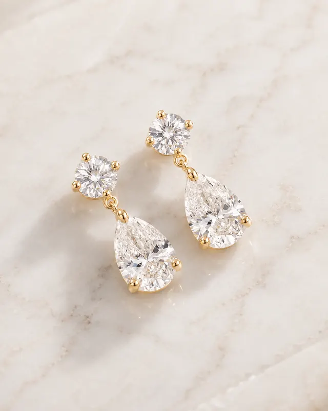 Pear & Round Lab Grown Diamond Drop Earrings Four Prong Studs 14K Yellow Gold  E VVS2