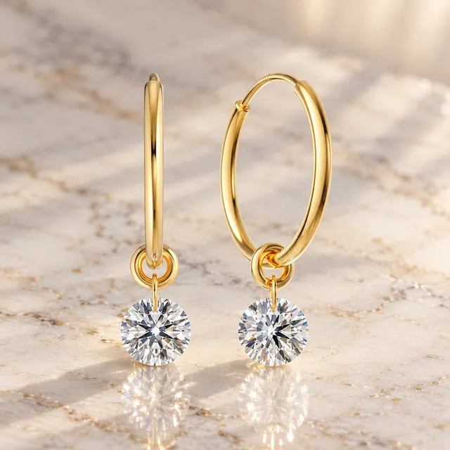 Lab Diamond Hoop Earrings Round Dangle Drop 14K Yellow Gold IGI Certified