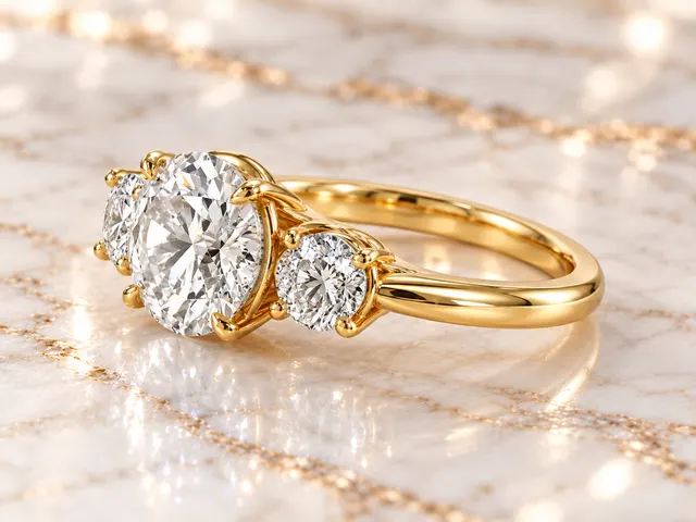 Round Lab Grown Diamond Engagement Ring Three Stone 14K Yellow Gold IGI Certified - alternate view