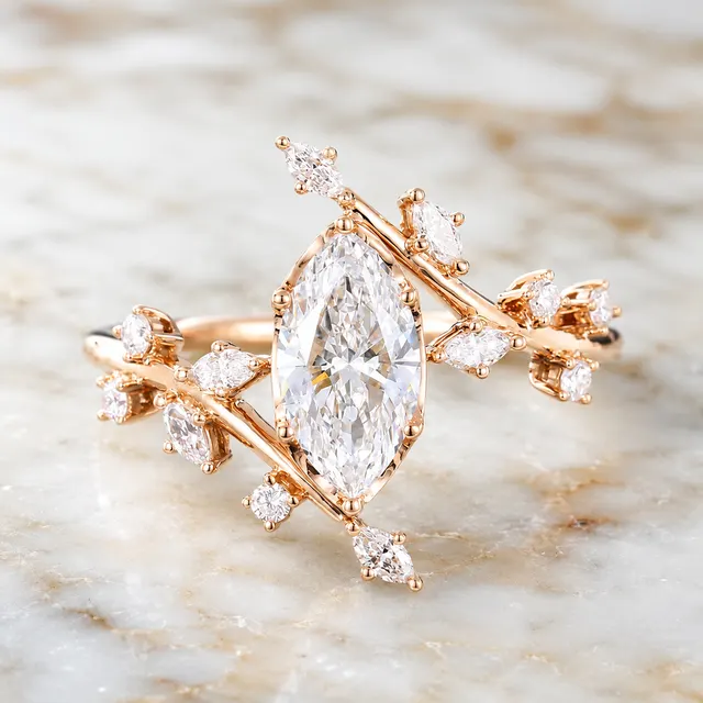 Marquise Lab Grown Diamond Engagement Ring Nature-Inspired Branch 14K Rose Gold Marquise & Round Accents