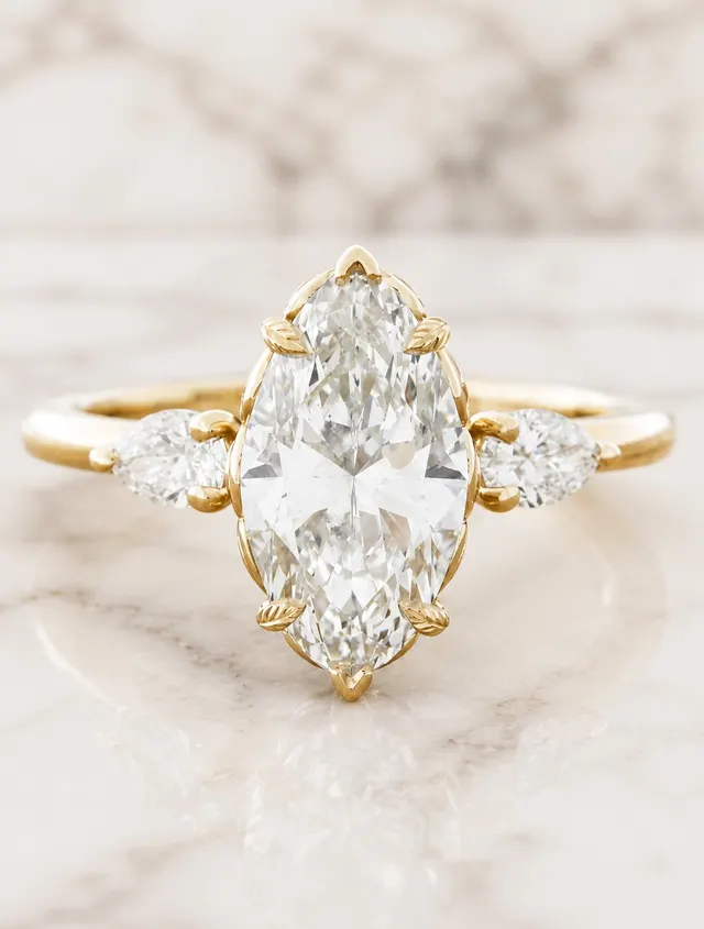 Marquise Lab Grown Diamond Engagement Ring Three Stone Pear 14K Yellow Gold 2 Carat, IGI Certified