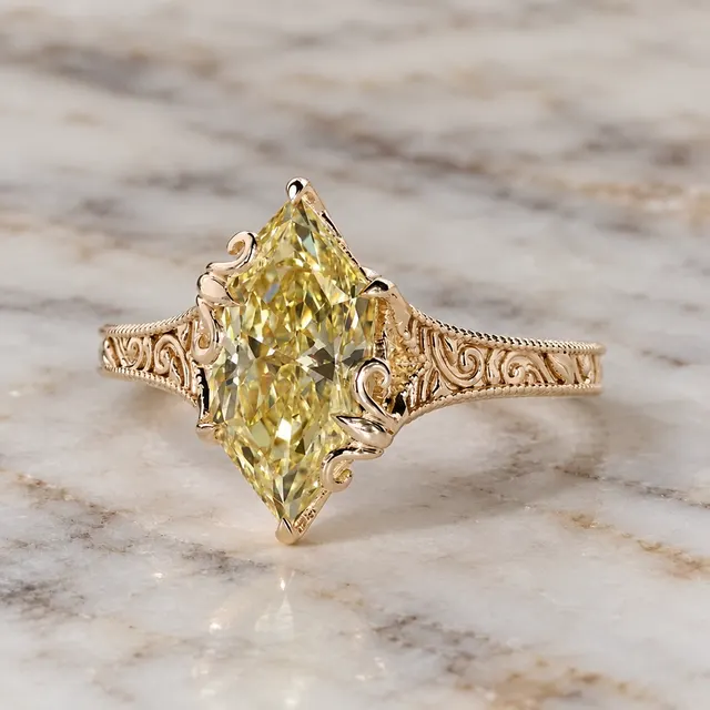 Yellow Dutch Marquise Lab Grown Diamond Engagement Ring Art Deco Tulip 14K Gold IGI Certified VVS2 - VS1 - alternate view