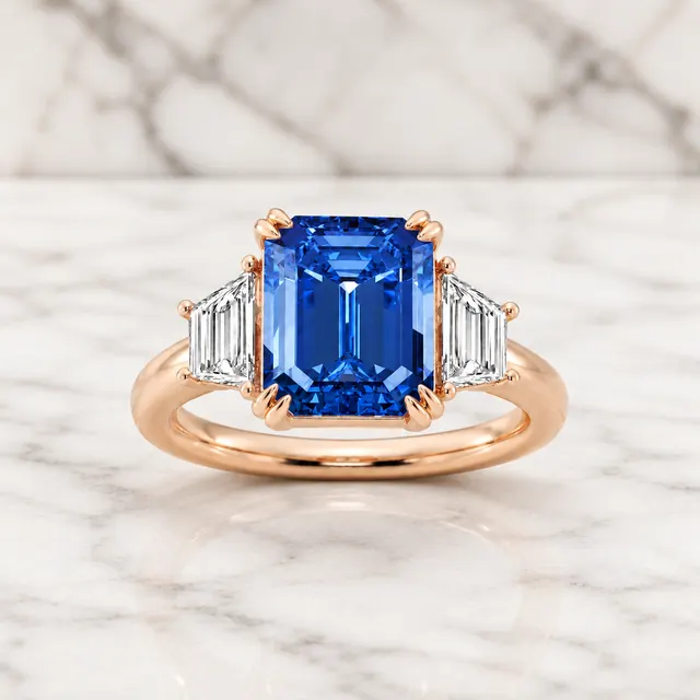 Emerald Cut Sapphire Lab Grown Diamond Engagement Ring Three Stone Trapezoid 14K Rose Gold 1ct E VVS2