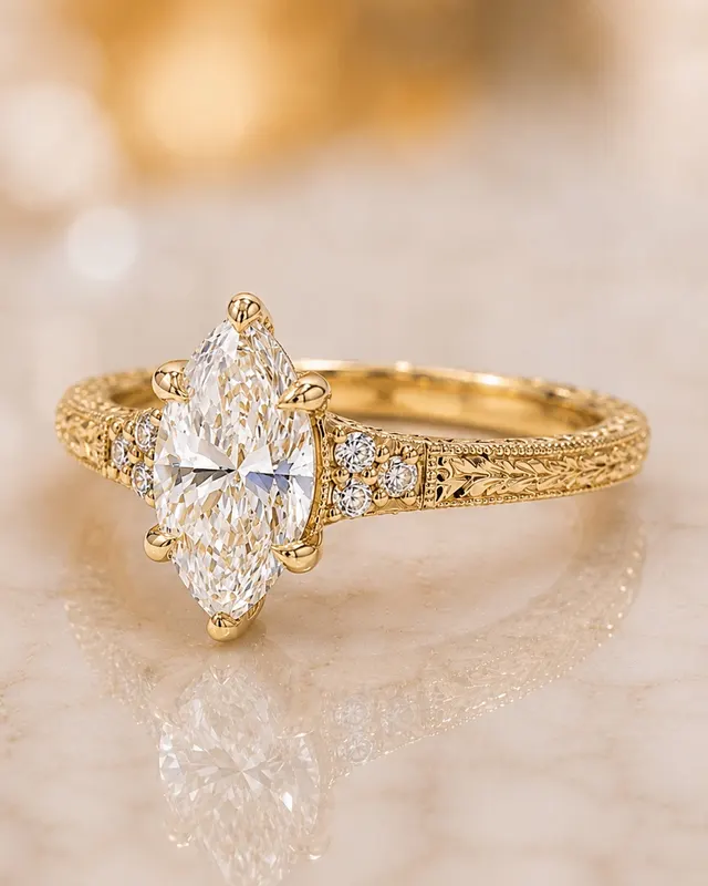 Marquise Lab Grown Diamond Engagement Ring  Vintage Hand-Engraved 14K Yellow Gold  IGI Certified 1ct E-VVS2 - alternate view