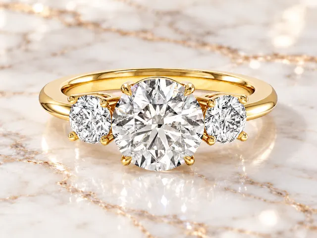 Round Lab Grown Diamond Engagement Ring Three Stone 14K Yellow Gold IGI Certified