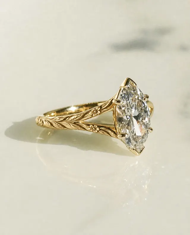 Marquise Lab Grown Diamond Engagement Ring Split Shank Solitaire 14K Yellow Gold Elongated Center Stone - alternate view