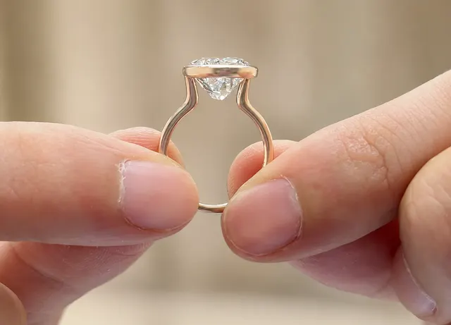 Oval Lab Grown Diamond Engagement Ring Bezel Solitaire 14K Yellow Gold E Color - alternate view