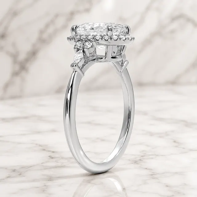 Oval Lab Grown Diamond Engagement Ring Halo with Pear Side Clusters 14K White Gold Three Stone Inspired - alternate view