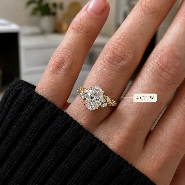 Lab-Grown Oval Diamond Engagement Ring, 14K Yellow Gold Leaf Vine Band - alternate view