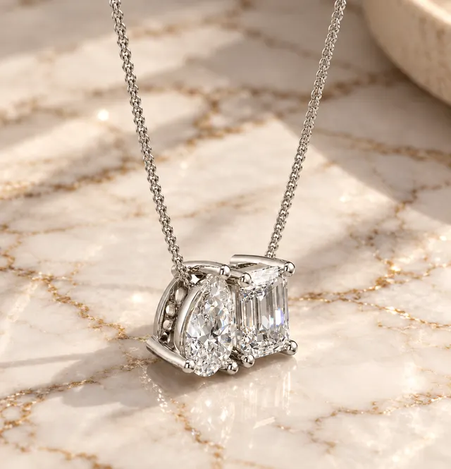 Toi et Moi Lab Diamond Pendant: Pear & Emerald Cut, 14K White Gold Necklace - alternate view