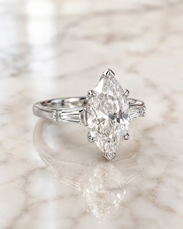 Marquise Lab Grown Diamond Engagement Ring Three Stone 14K White Gold Tapered Baguette, E VVS2 - alternate view
