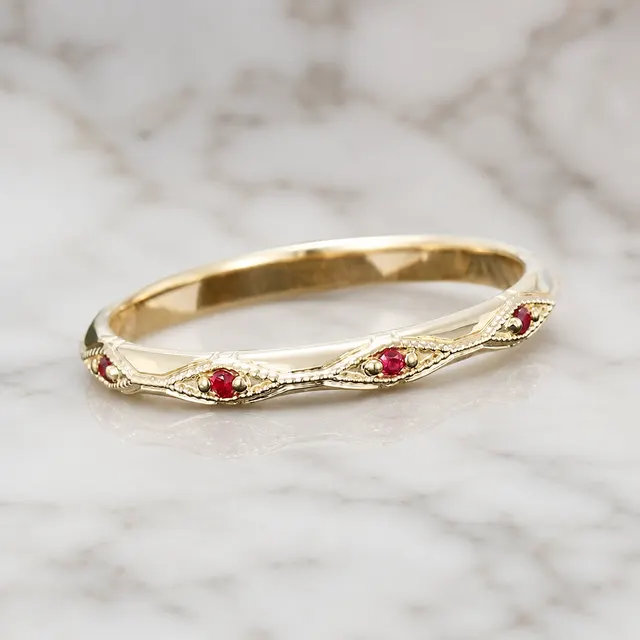 Ruby Lab Grown Promise Ring – Vintage Milgrain Dainty Band – Sentimental Gift for Her - alternate view