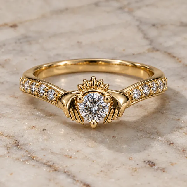 Round Lab Grown Diamond Claddagh Engagement Ring Pave 14K Yellow Gold IGI Certified